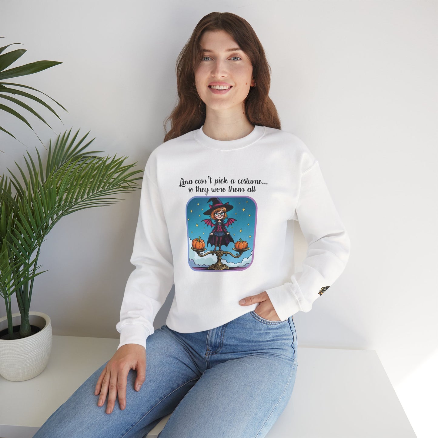 Halloween-themed Libra Inspired Ladies Crewneck Sweatshirt, Cozy Astrology Gift, Halloween Apparel, Zodiac Inspired Clothing