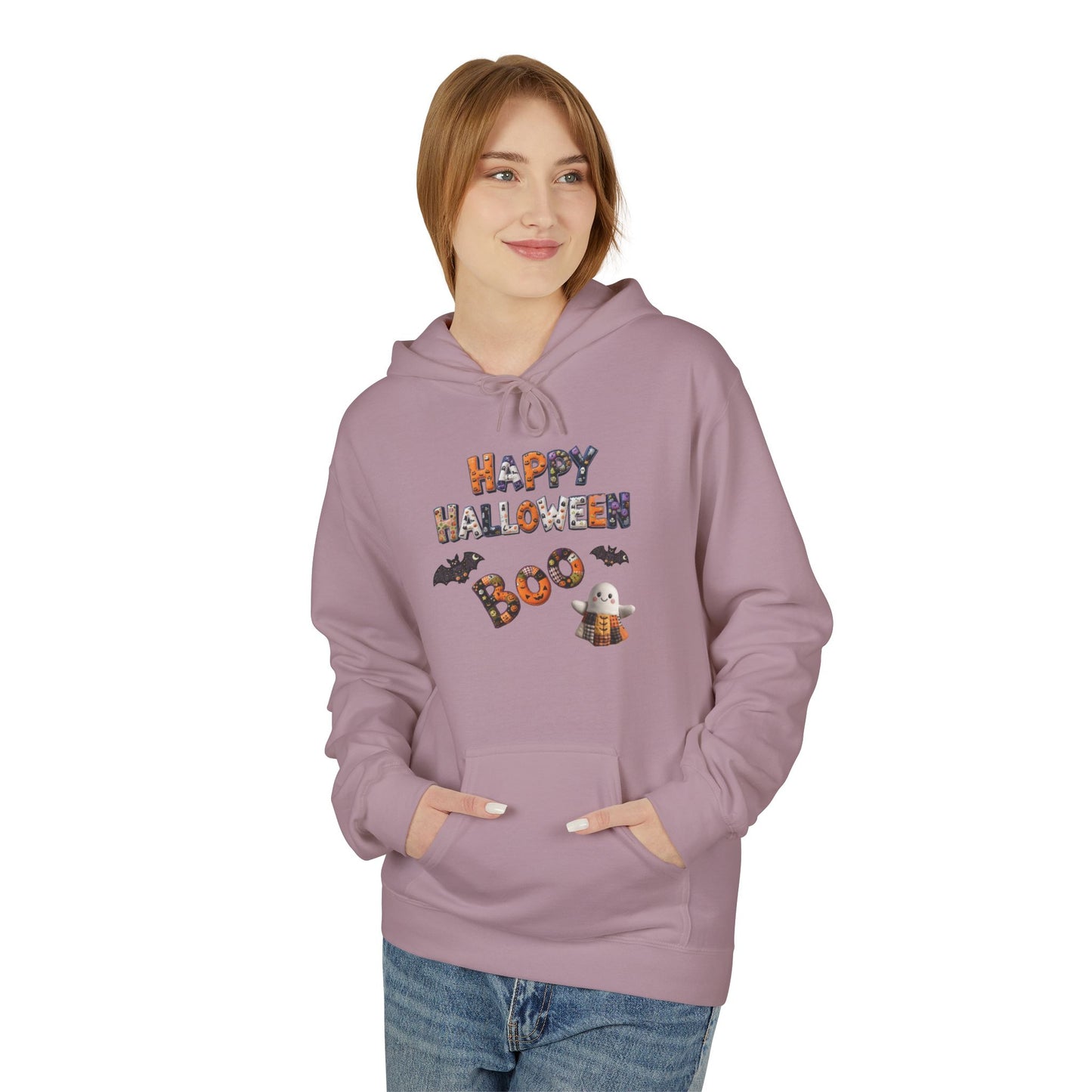 Halloween Boo Patchwork Fleece Hoodie, Unisex Sweatshirt