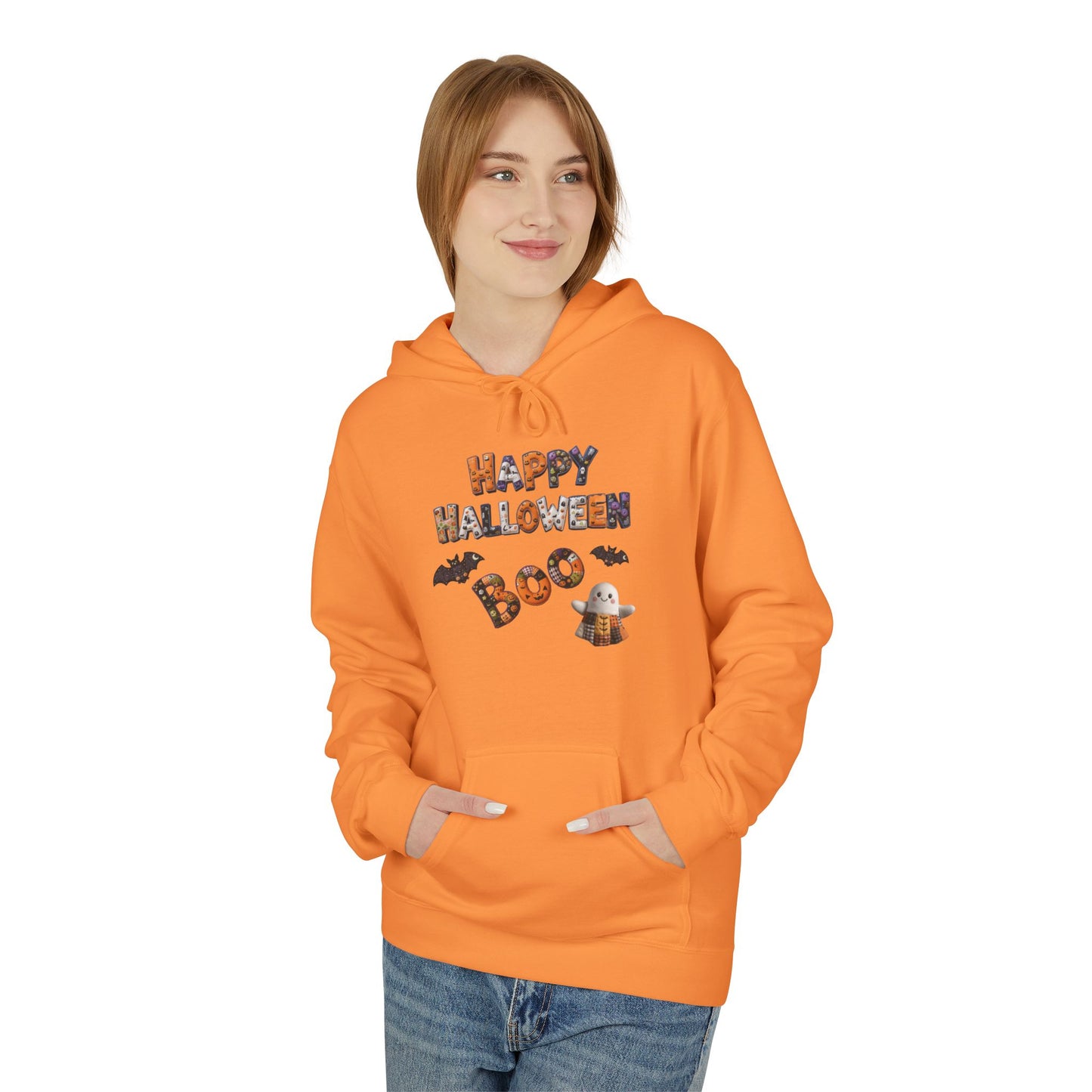 Halloween Boo Patchwork Fleece Hoodie, Unisex Sweatshirt