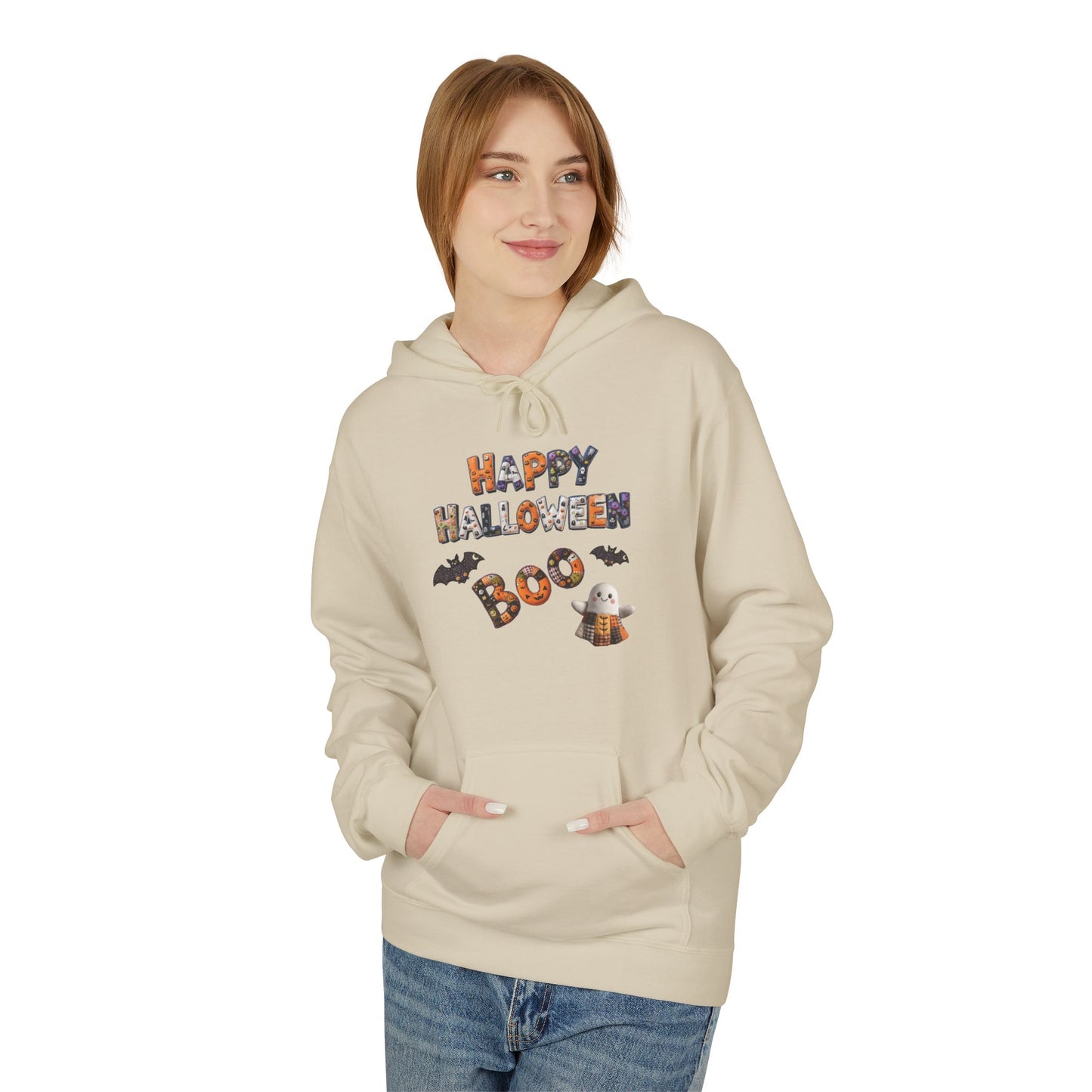 Halloween Boo Patchwork Fleece Hoodie, Unisex Sweatshirt