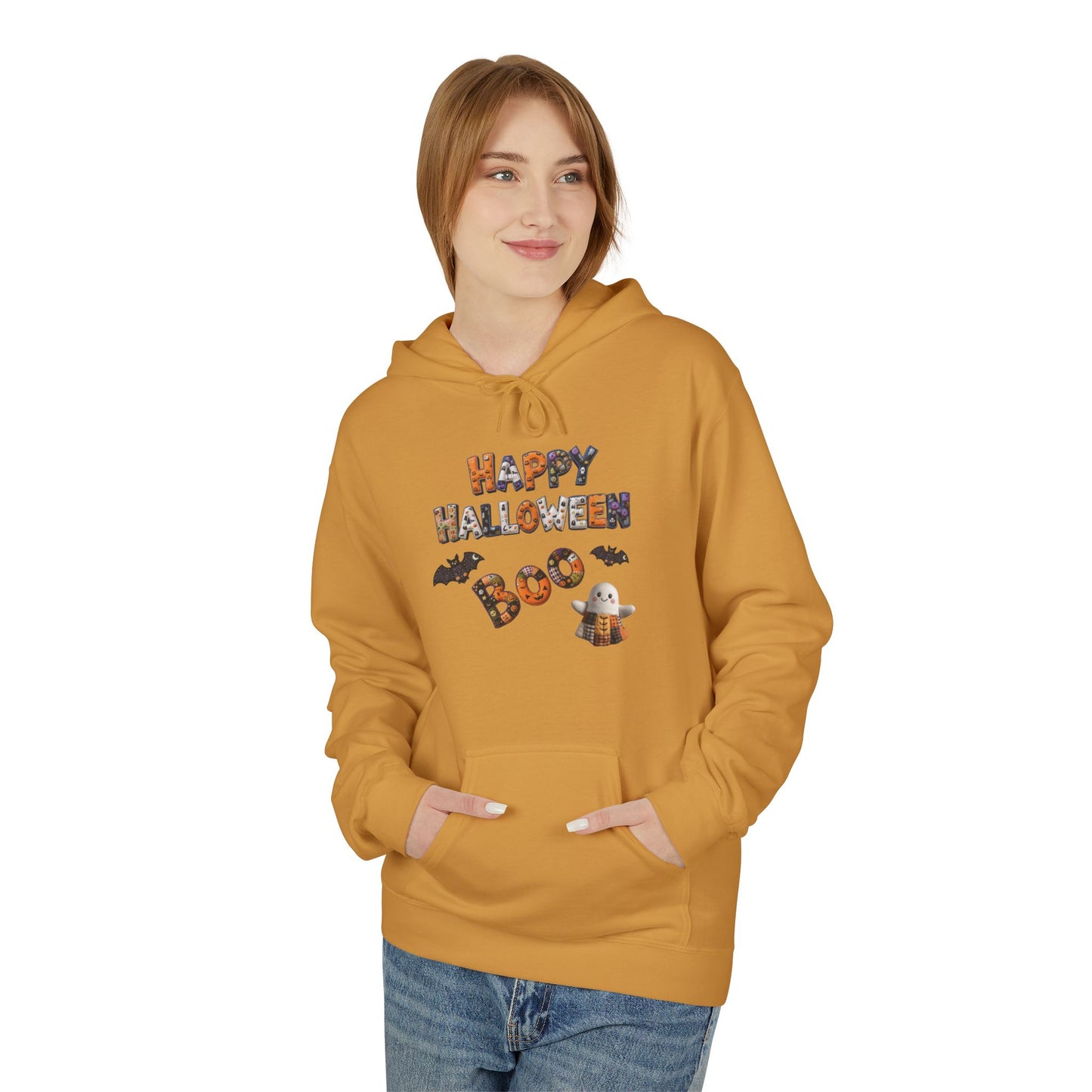 Halloween Boo Patchwork Fleece Hoodie, Unisex Sweatshirt