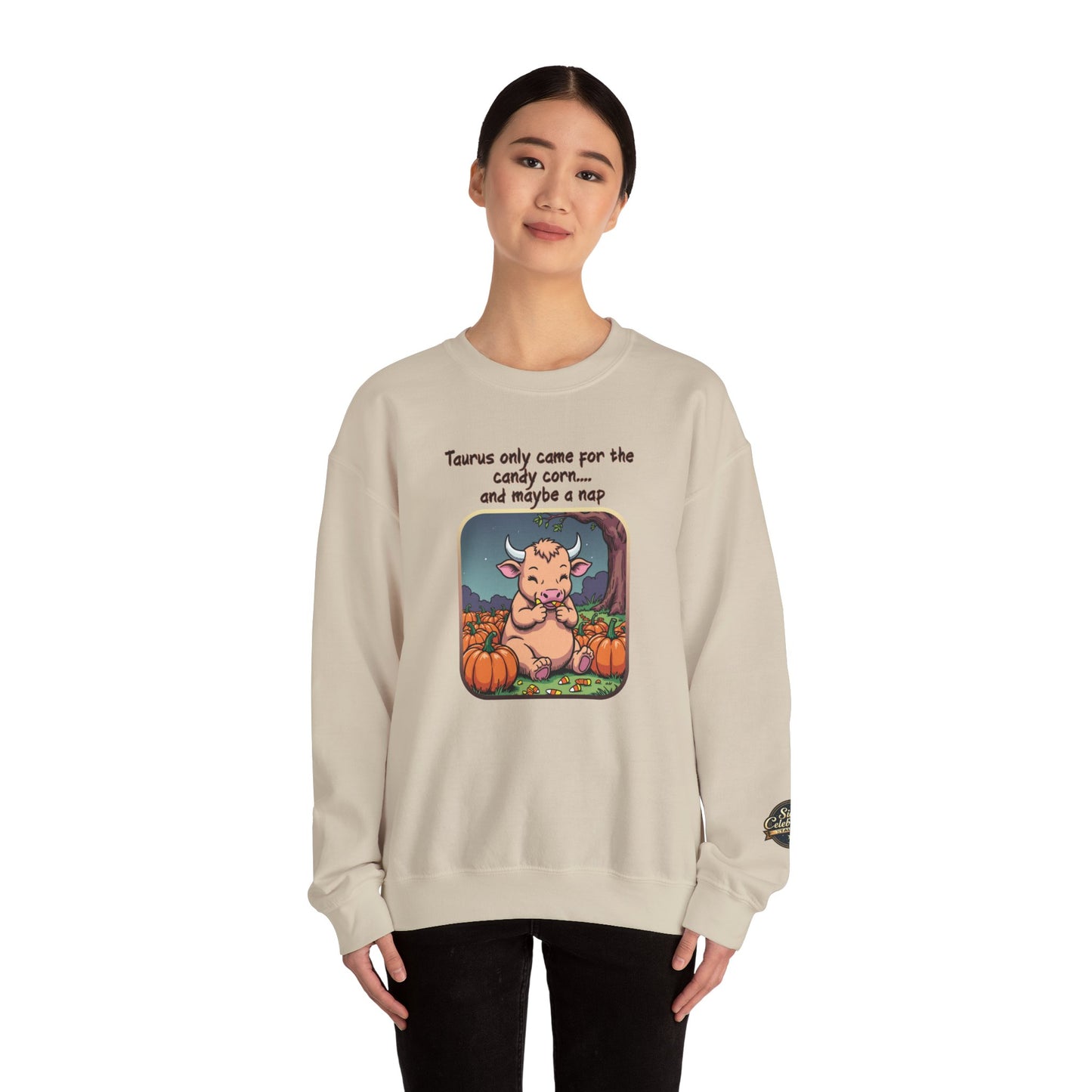 Taurus Halloween Inspired Ladies Crewneck Sweatshirt, Cozy Astrology Gift, Halloween Apparel, Zodiac Inspired Clothing