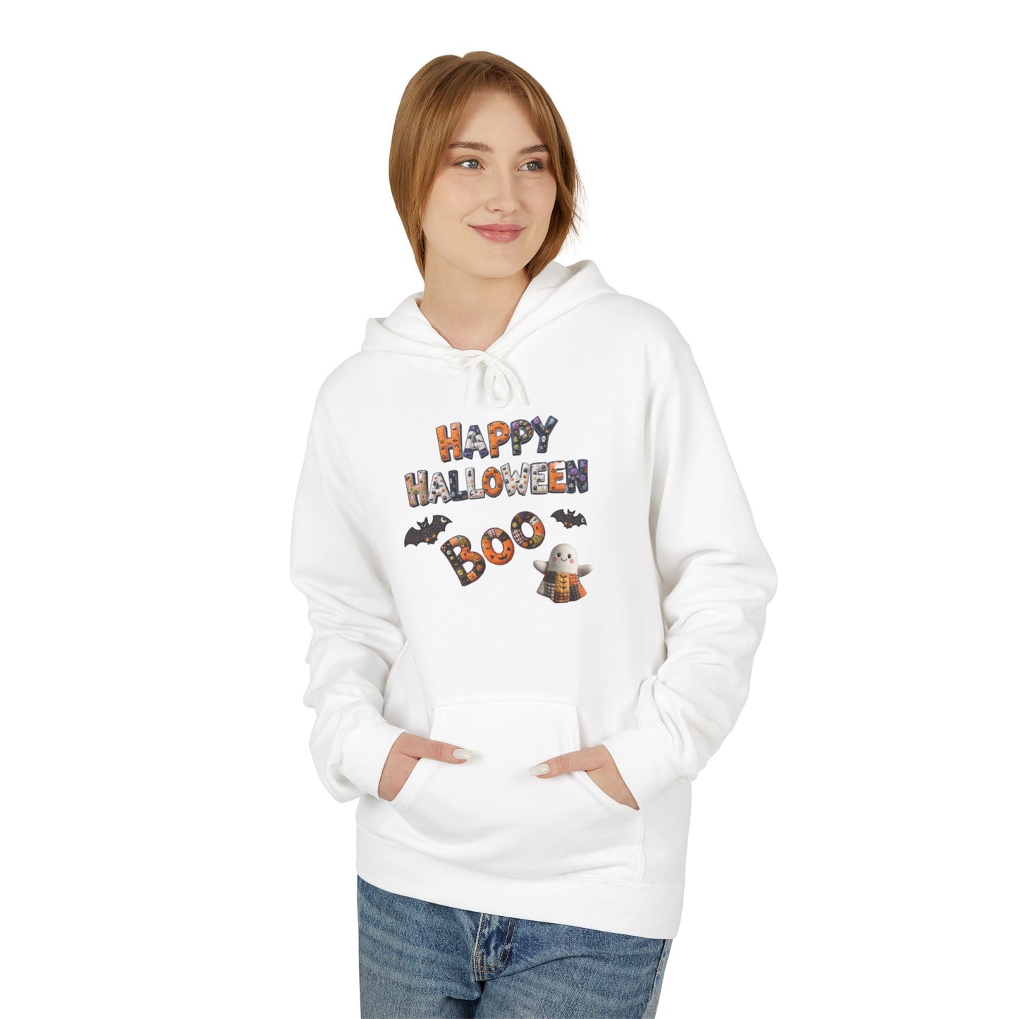 Halloween Boo Patchwork Fleece Hoodie, Unisex Sweatshirt