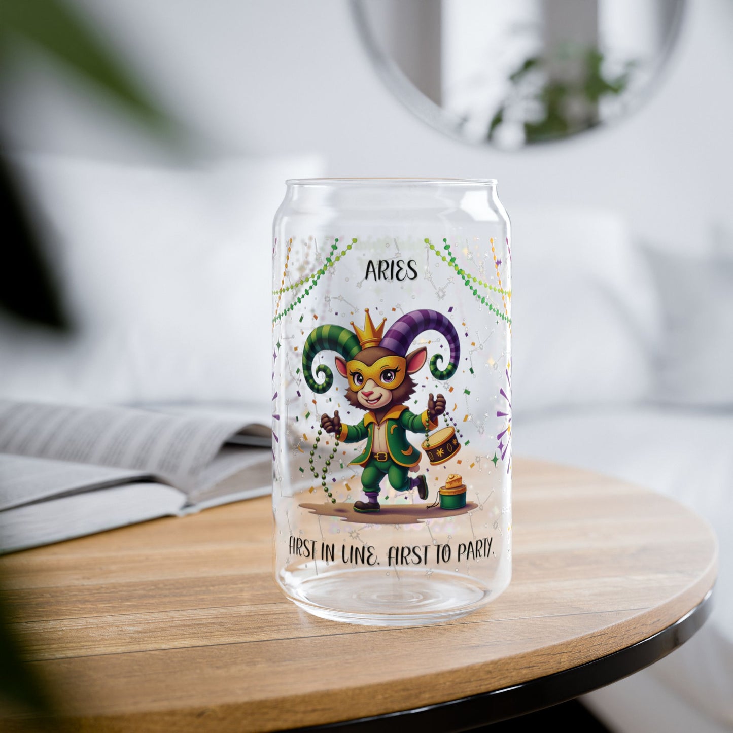 Aries Sipper Glass 16oz – Mardi Gras Design