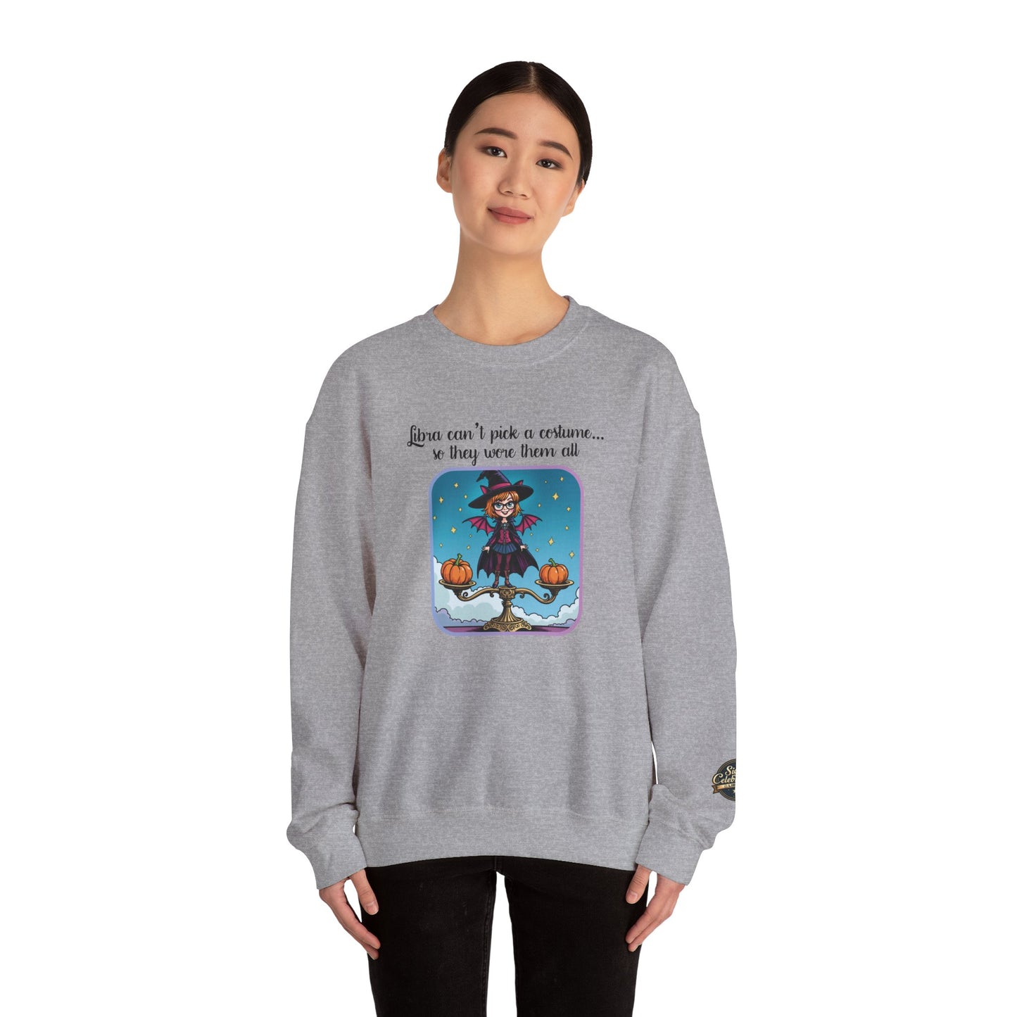 Halloween-themed Libra Inspired Ladies Crewneck Sweatshirt, Cozy Astrology Gift, Halloween Apparel, Zodiac Inspired Clothing