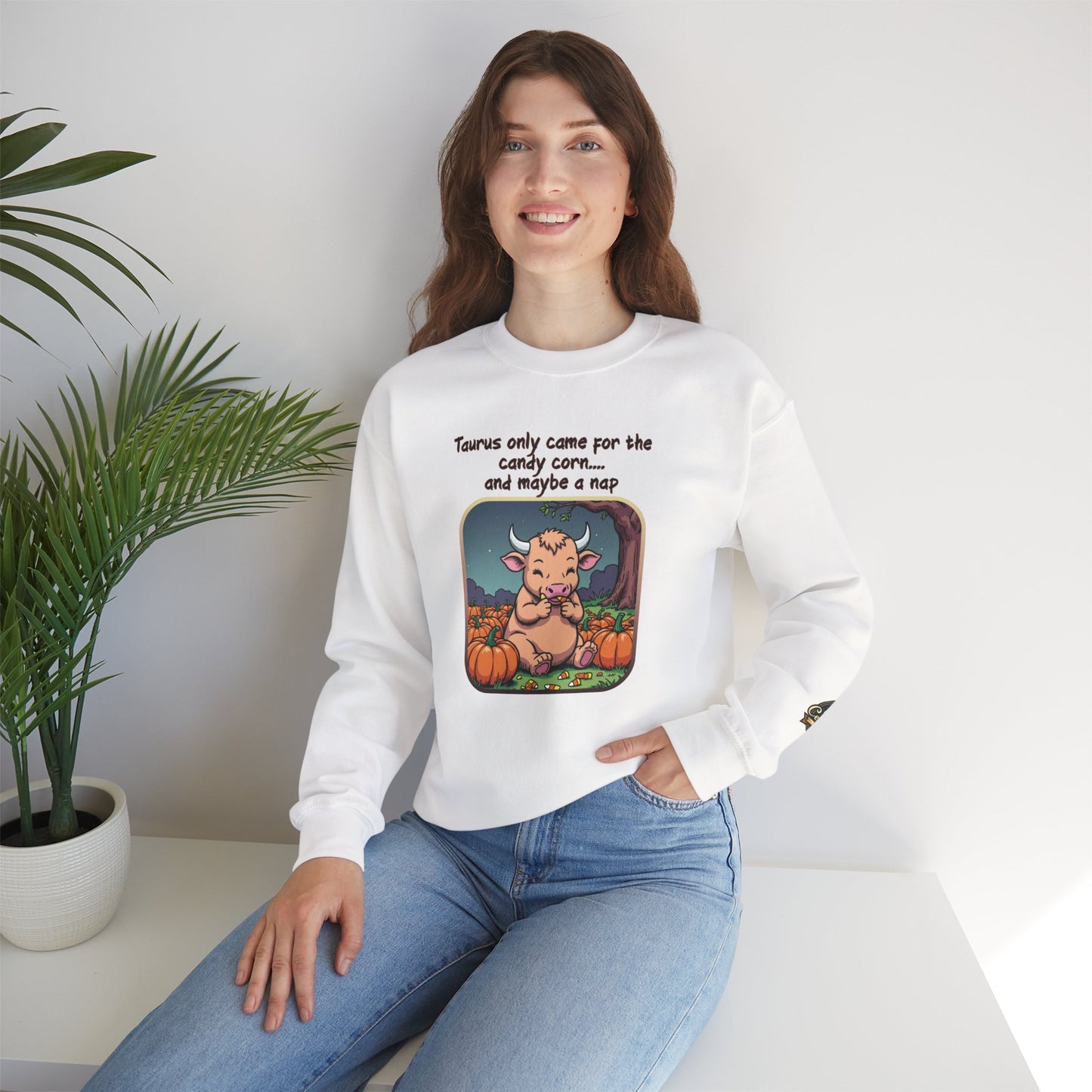 Taurus Halloween Inspired Ladies Crewneck Sweatshirt, Cozy Astrology Gift, Halloween Apparel, Zodiac Inspired Clothing