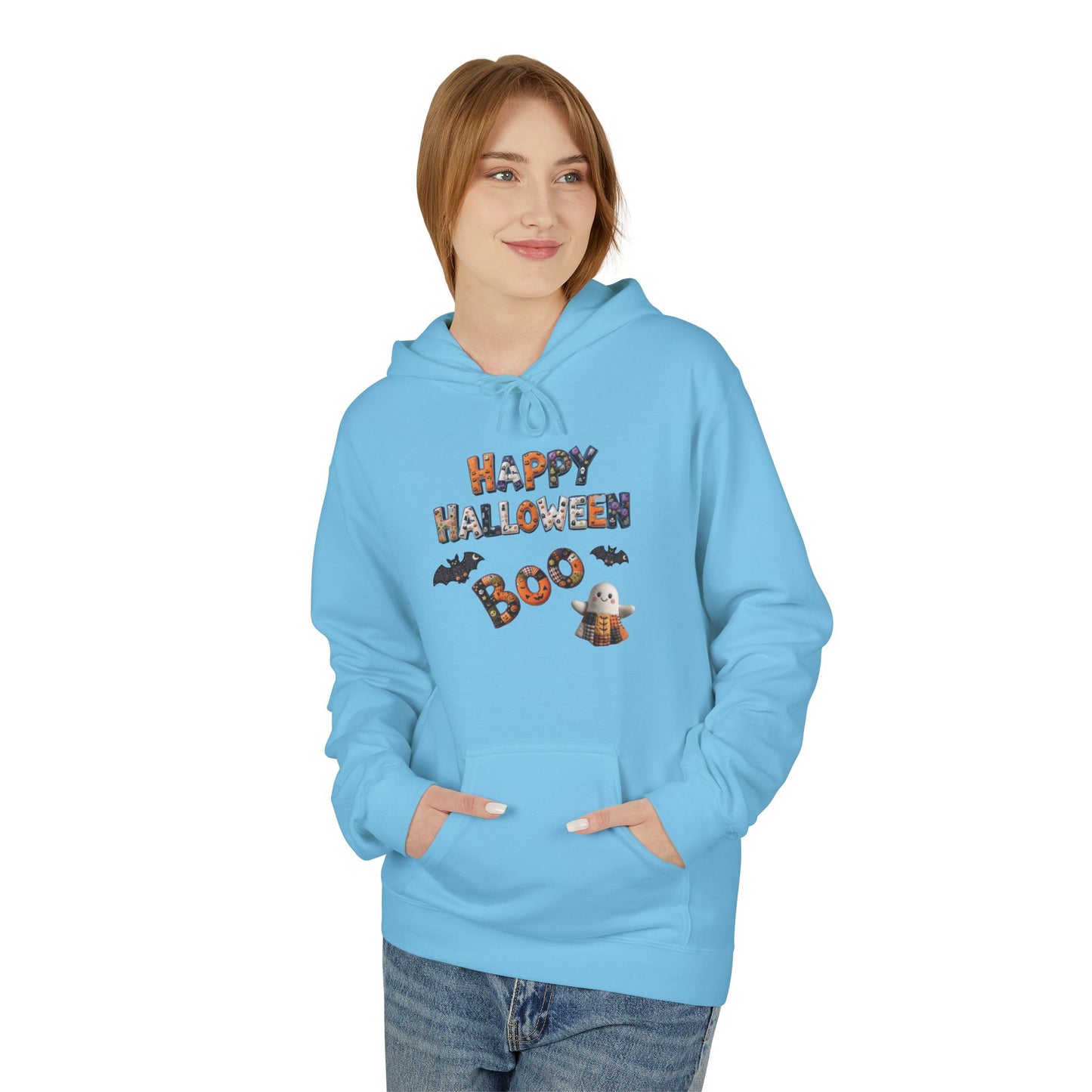 Halloween Boo Patchwork Fleece Hoodie, Unisex Sweatshirt
