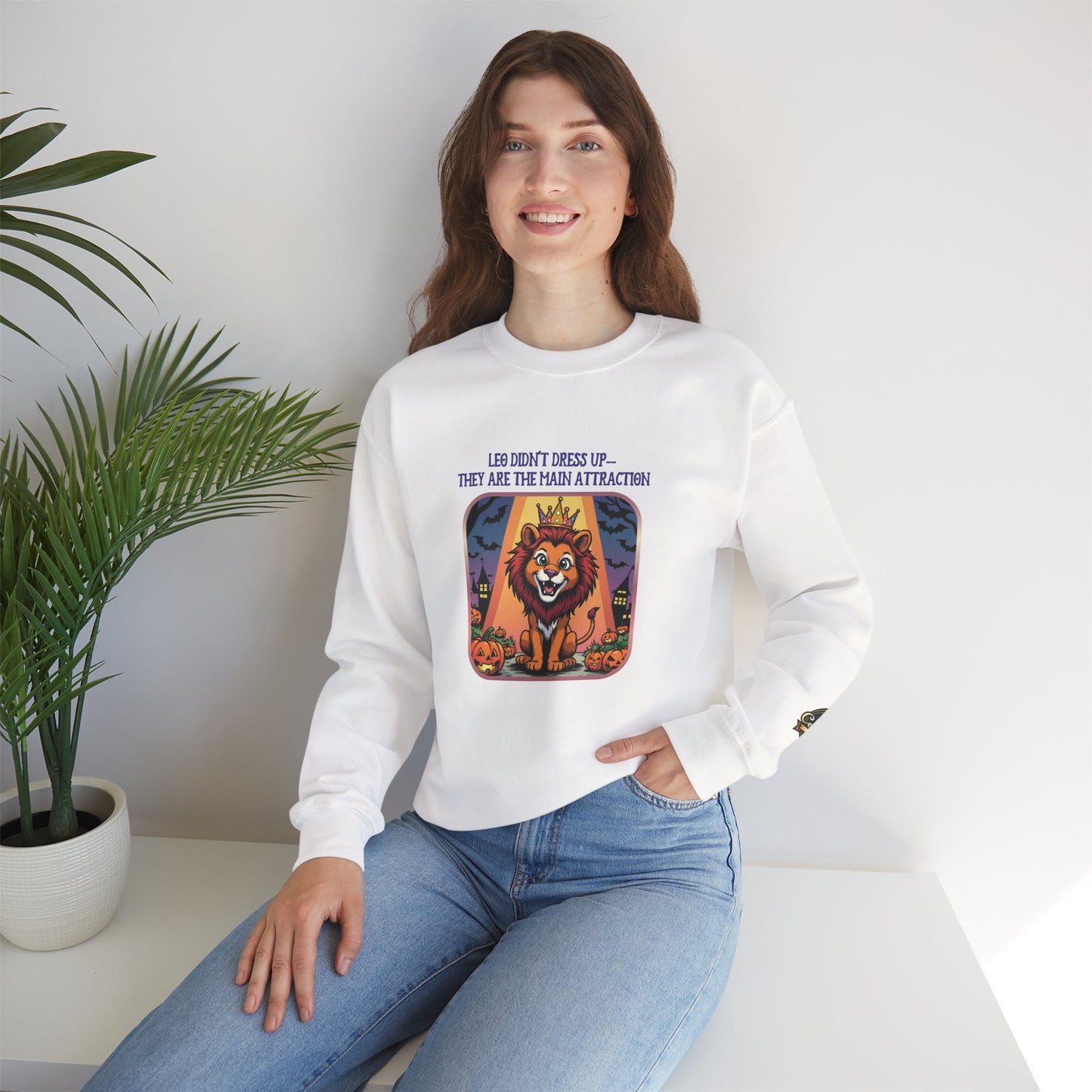 Leo Halloween Inspired Ladies Crewneck Sweatshirt, Cozy Astrology Gift, Halloween Apparel, Zodiac Inspired Clothing