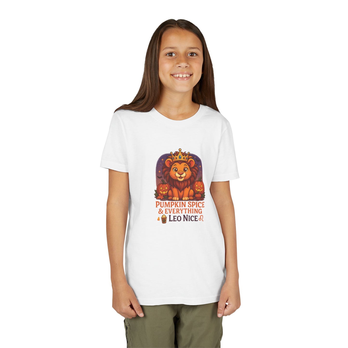 Leo Halloween Themed Youth Tee, Pumpkin Spice Leo Design, Kids Halloween Shirt, Trick or Treat T-Shirt, Halloween Tee, Zodiac Gift for her
