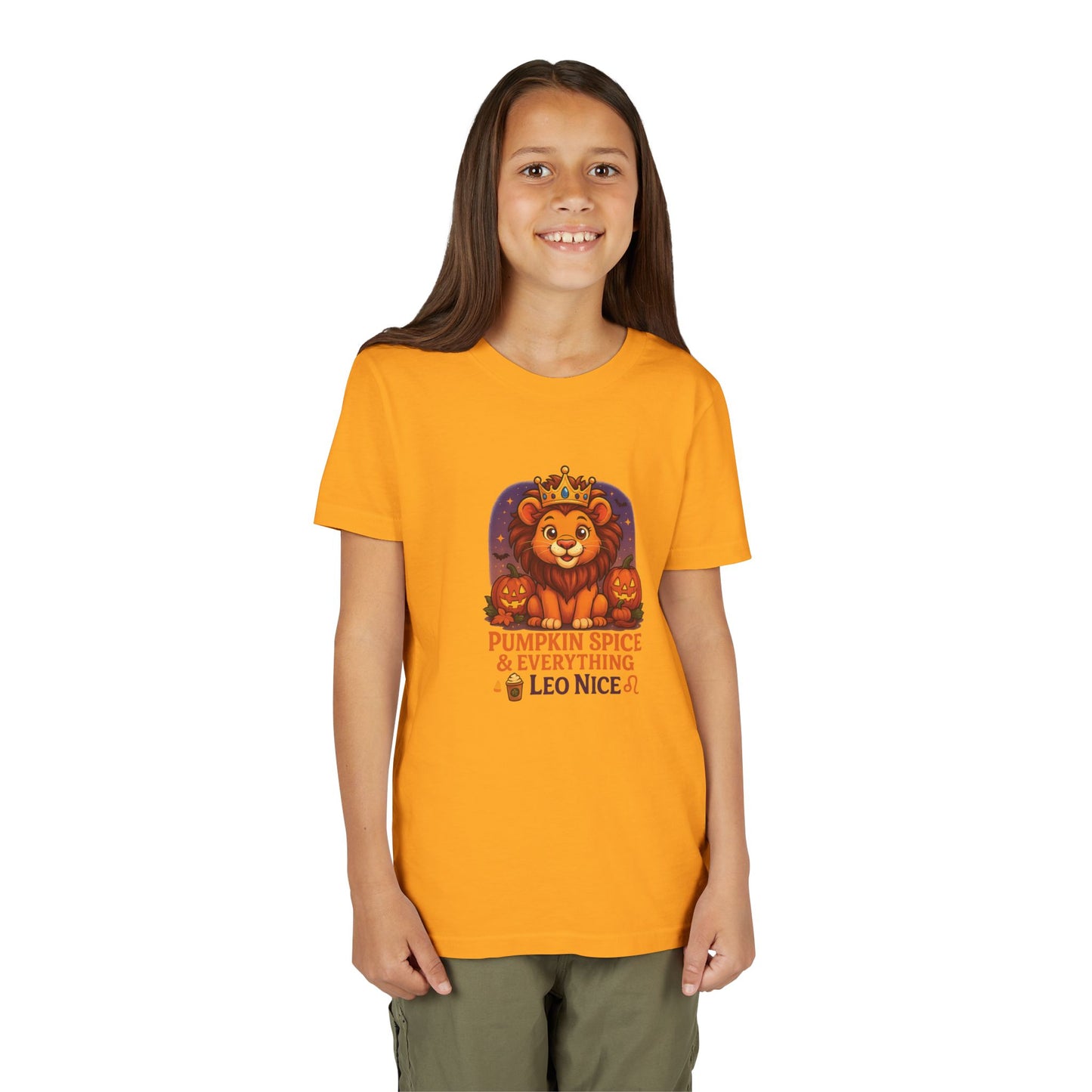 Leo Halloween Themed Youth Tee, Pumpkin Spice Leo Design, Kids Halloween Shirt, Trick or Treat T-Shirt, Halloween Tee, Zodiac Gift for her