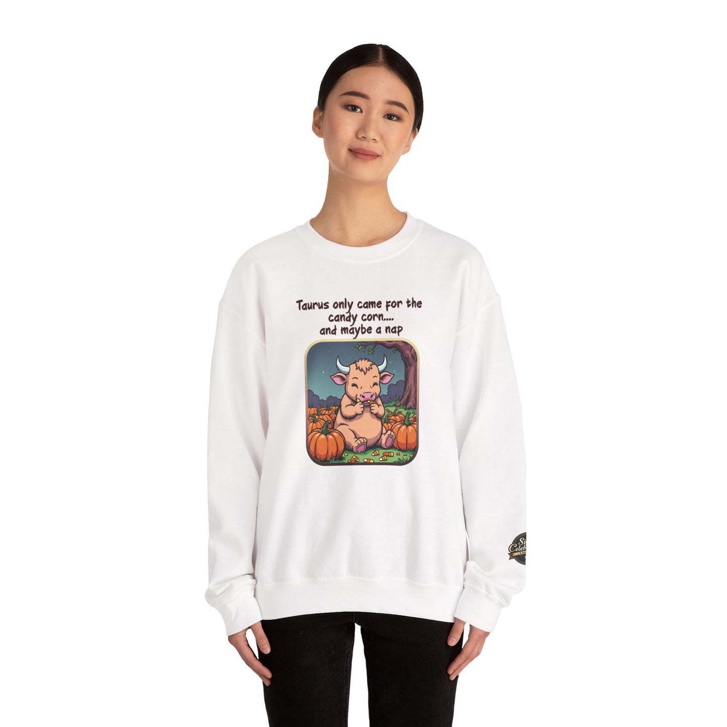 Taurus Halloween Inspired Ladies Crewneck Sweatshirt, Cozy Astrology Gift, Halloween Apparel, Zodiac Inspired Clothing