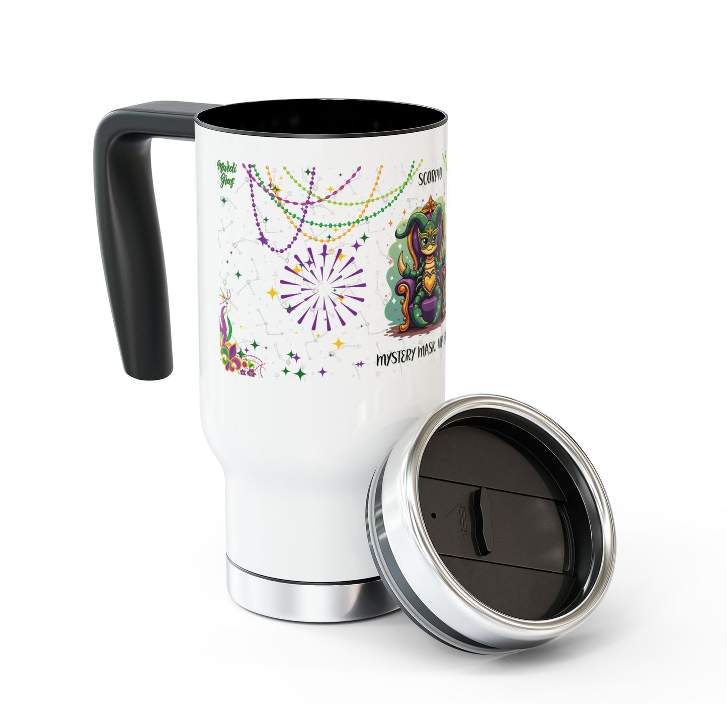 Scorpio Stainless Steel 14oz Travel Mug - Mardi Gras Design