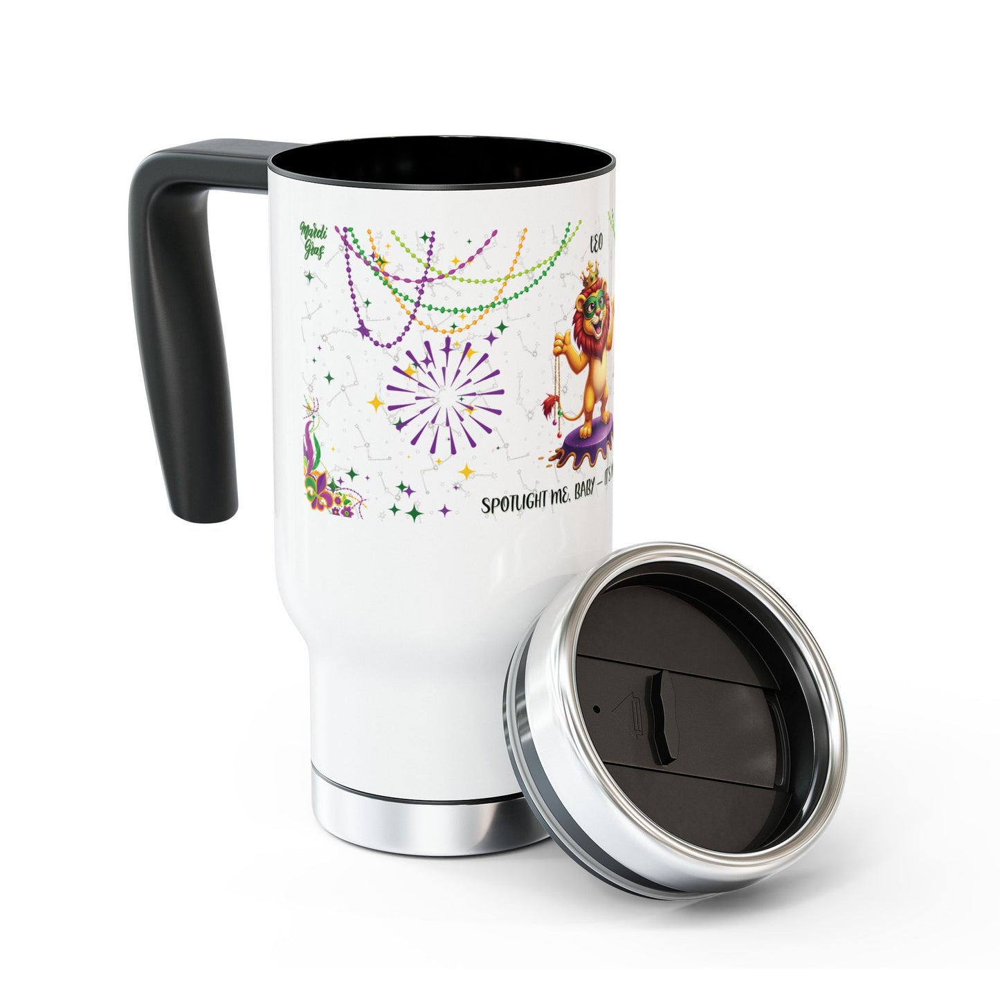 Leo Stainless Steel 14oz Travel Mug - Mardi Gras Design