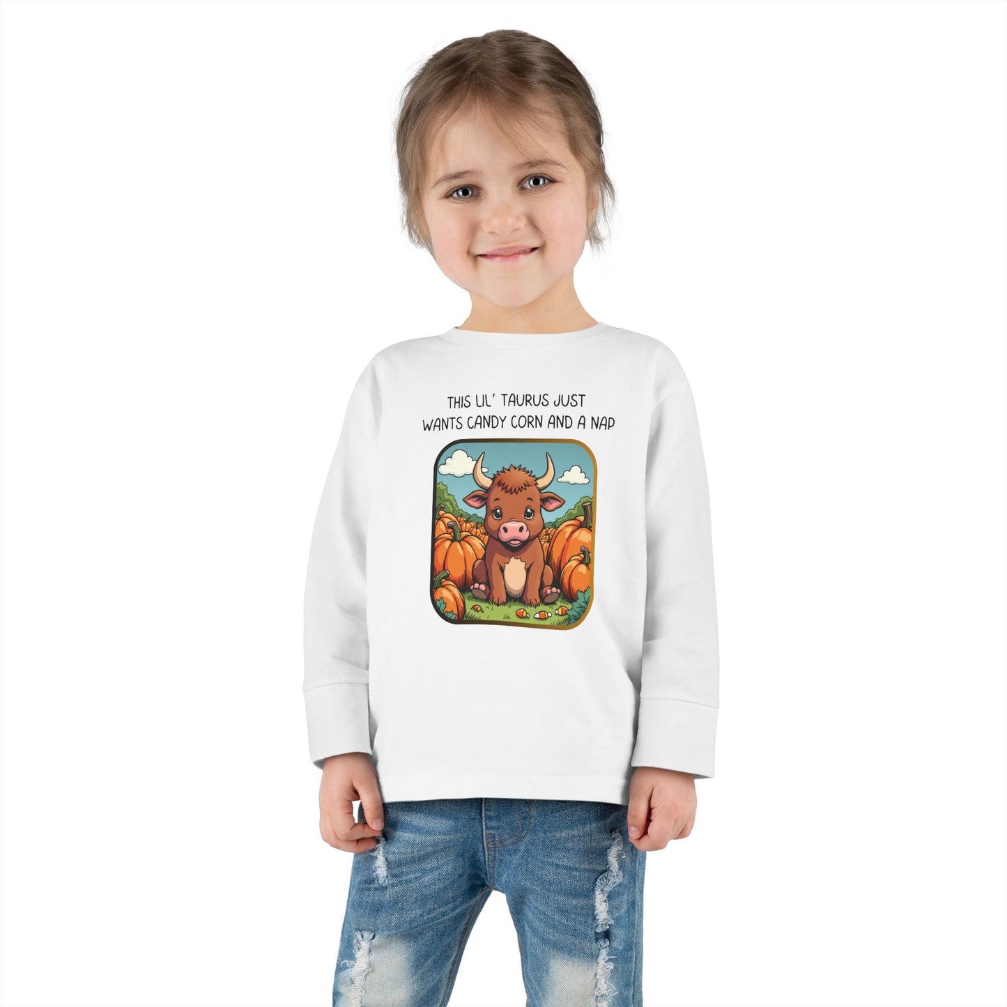 Taurus Halloween Long Sleeve Tee - Taurus Fashion for Kids, Spooky Season Outfit, Boo-tiful Gift, Trick or Treat Shirt, Zodiac Gift