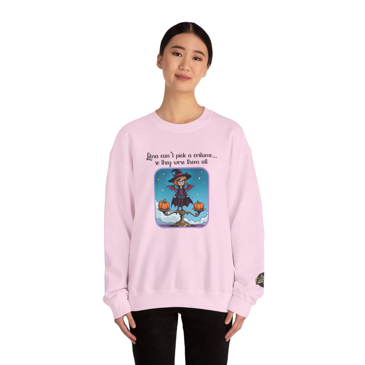 Halloween-themed Libra Inspired Ladies Crewneck Sweatshirt, Cozy Astrology Gift, Halloween Apparel, Zodiac Inspired Clothing