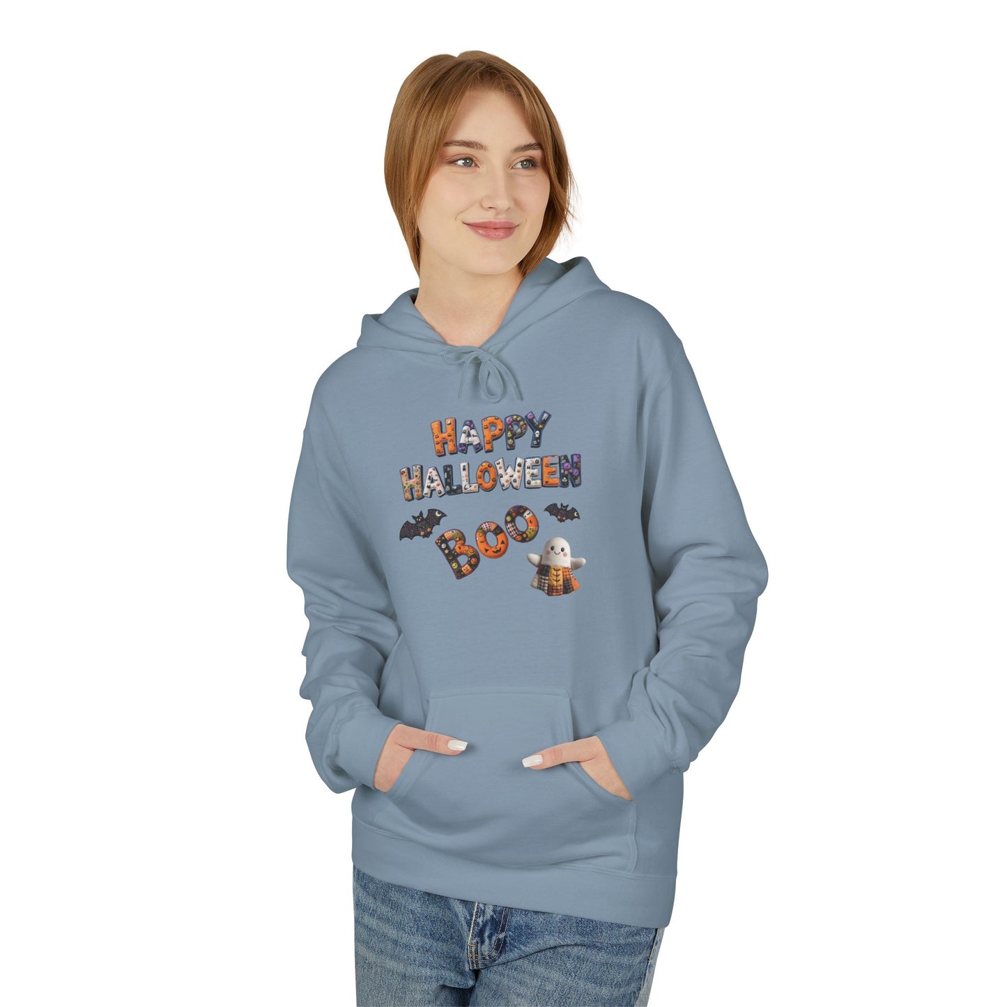 Halloween Boo Patchwork Fleece Hoodie, Unisex Sweatshirt