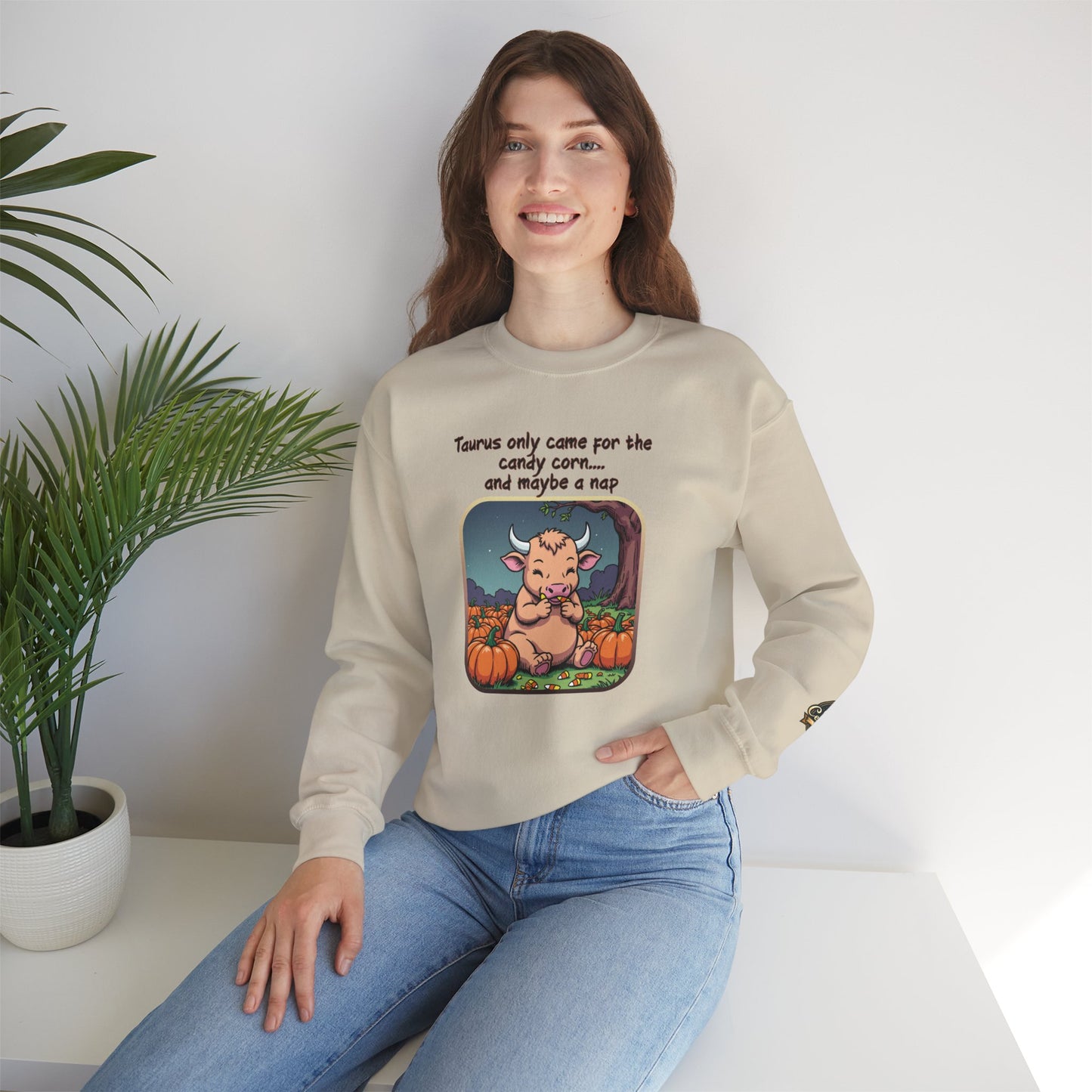 Taurus Halloween Inspired Ladies Crewneck Sweatshirt, Cozy Astrology Gift, Halloween Apparel, Zodiac Inspired Clothing