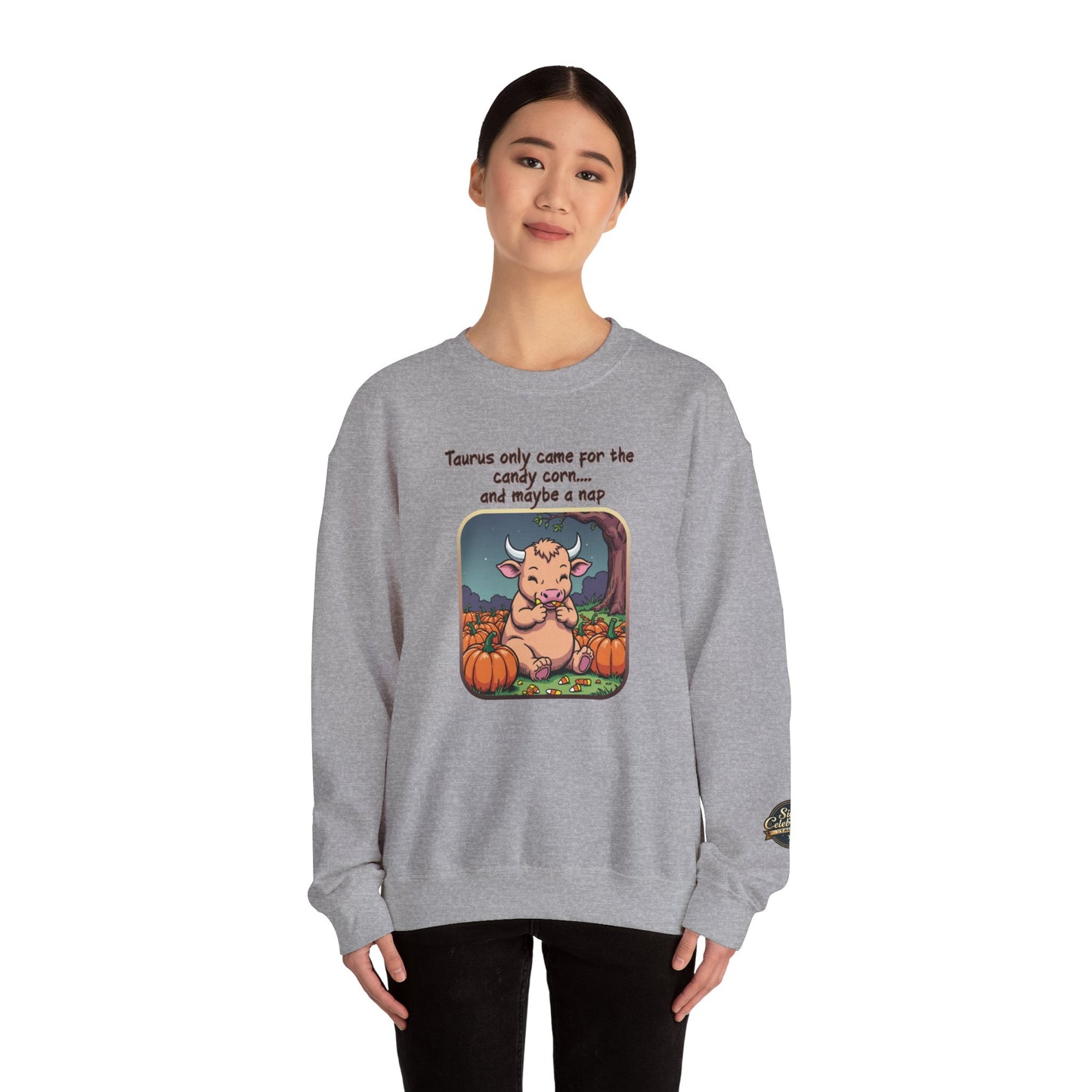Taurus Halloween Inspired Ladies Crewneck Sweatshirt, Cozy Astrology Gift, Halloween Apparel, Zodiac Inspired Clothing