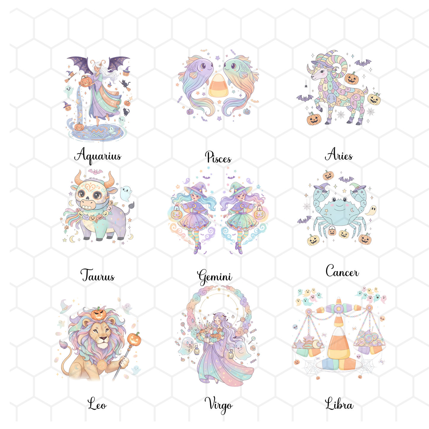 Zodiac Halloween Pastel Colored Clipart Bundle | 12 PNGs | Cute Zodiac Signs | Halloween Art for Crafts & Sublimation | Digital Download