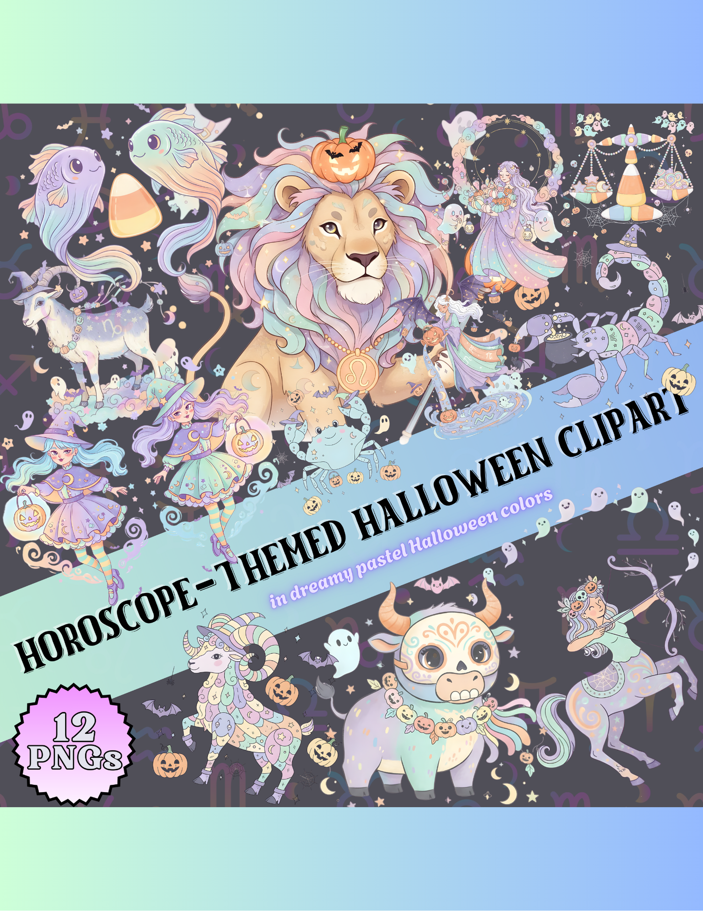 Zodiac Halloween Pastel Colored Clipart Bundle | 12 PNGs | Cute Zodiac Signs | Halloween Art for Crafts & Sublimation | Digital Download