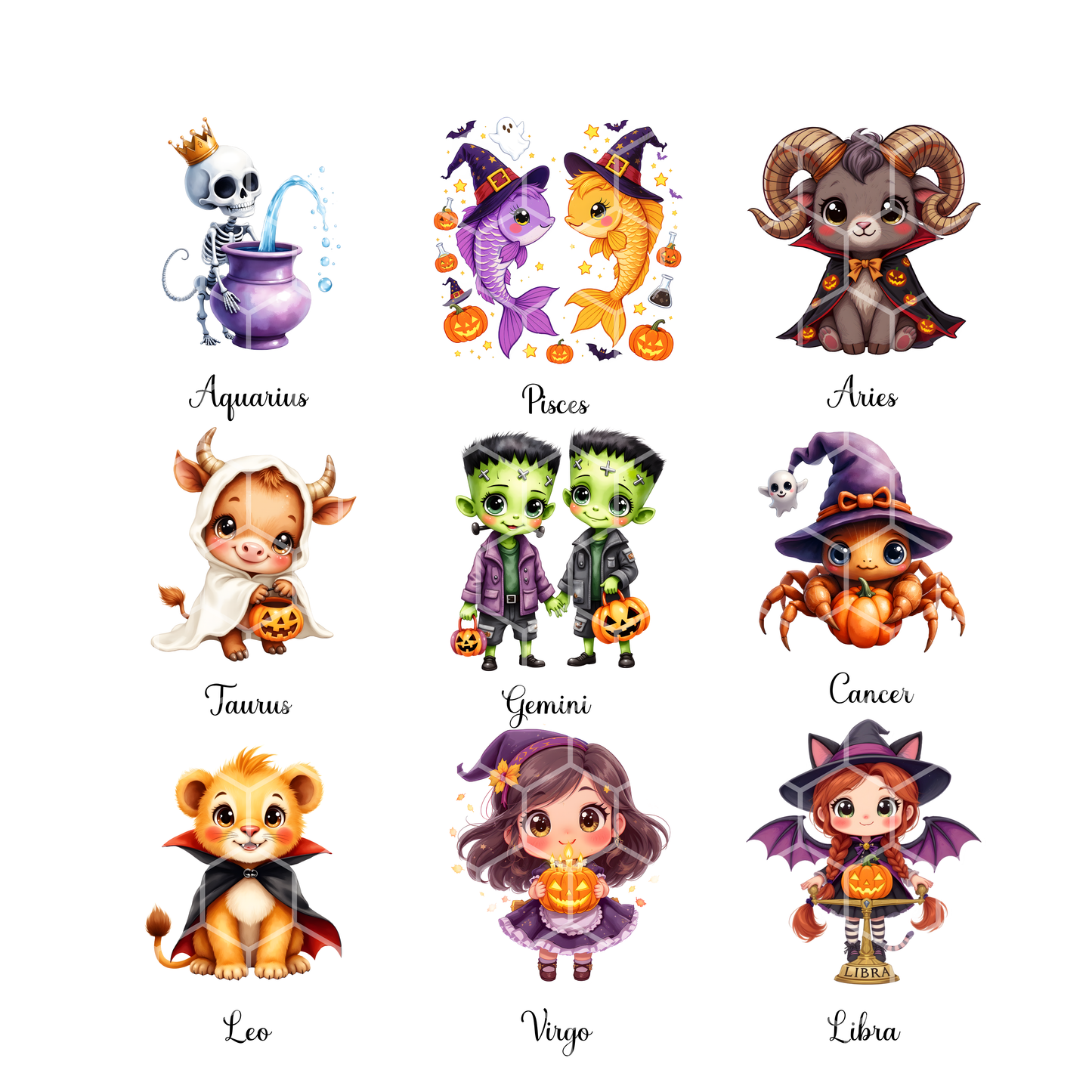 Zodiac Halloween Clipart Bundle | 12 Horoscope PNGs | Cute Zodiac Signs Digital Download | Astrology Halloween Art for Crafts & Sublimation