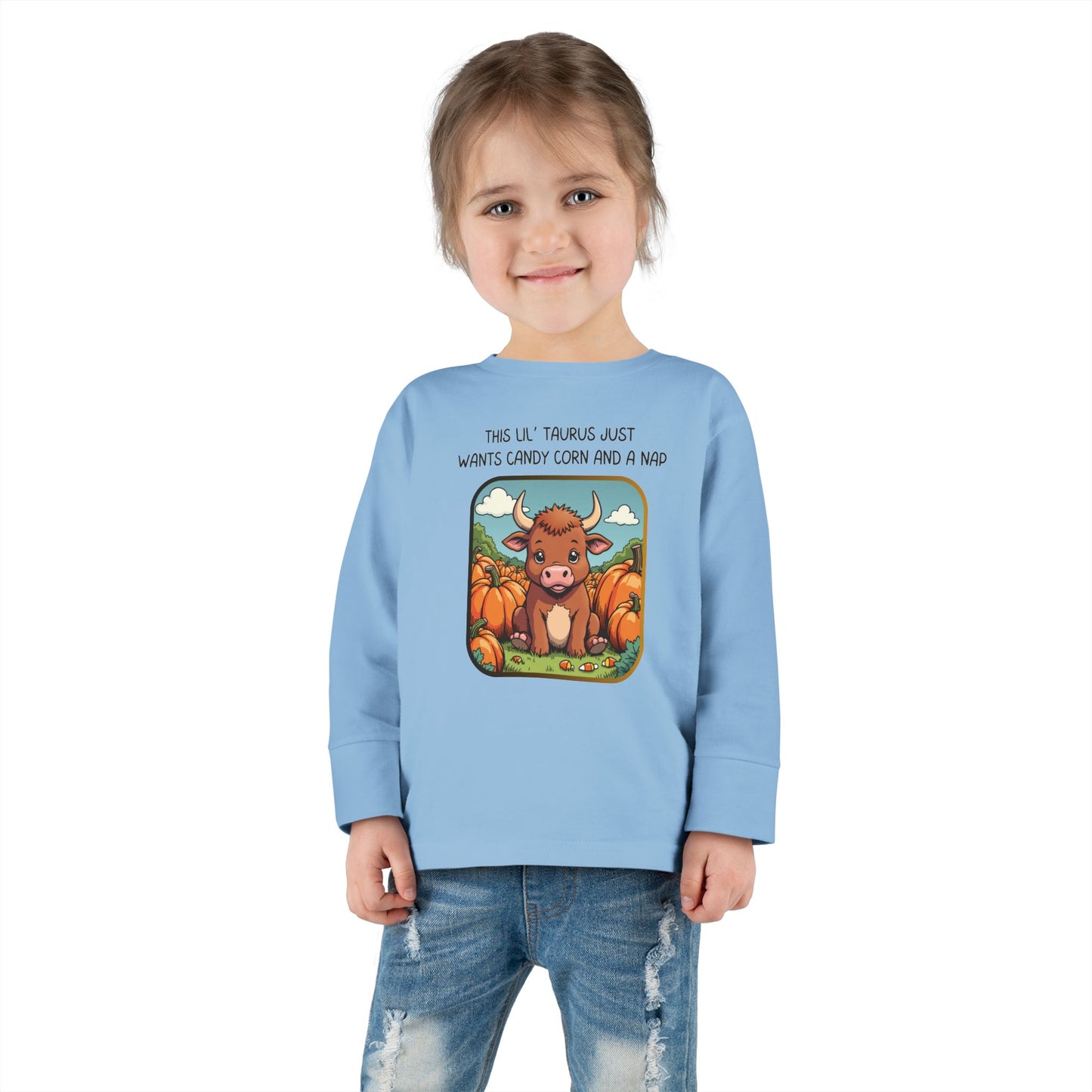 Taurus Halloween Long Sleeve Tee - Taurus Fashion for Kids, Spooky Season Outfit, Boo-tiful Gift, Trick or Treat Shirt, Zodiac Gift