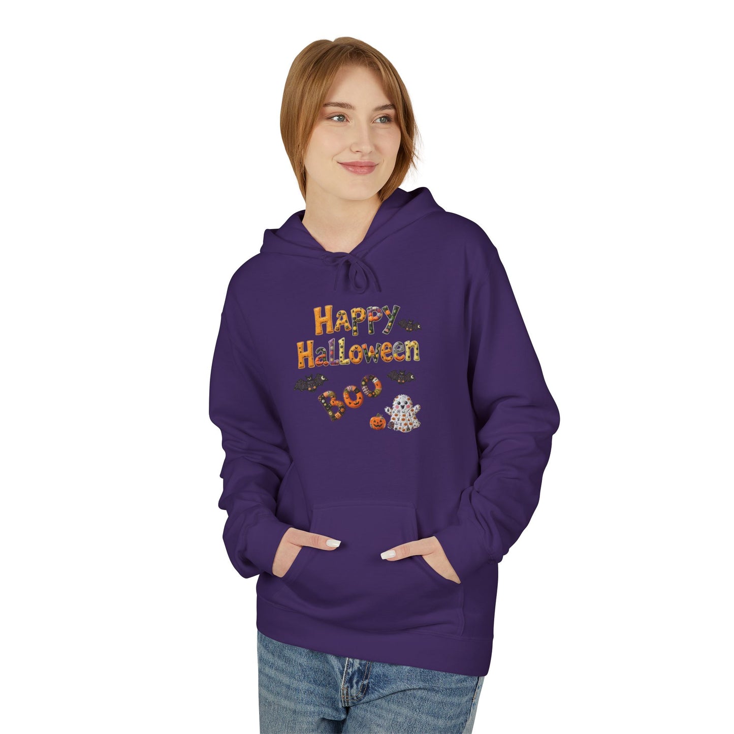 Halloween Boo Patchwork Fleece Hoodie, Unisex Sweatshirt