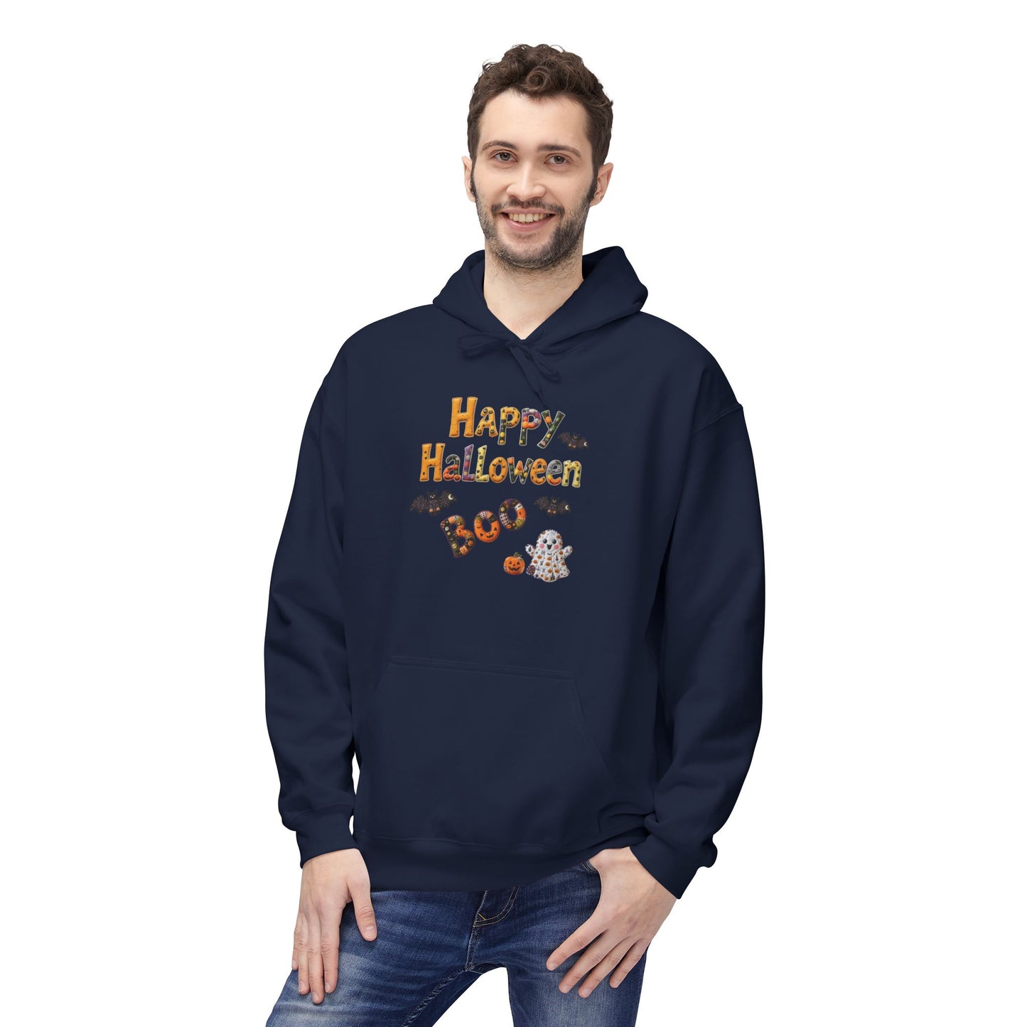 Halloween Boo Patchwork Fleece Hoodie, Unisex Sweatshirt