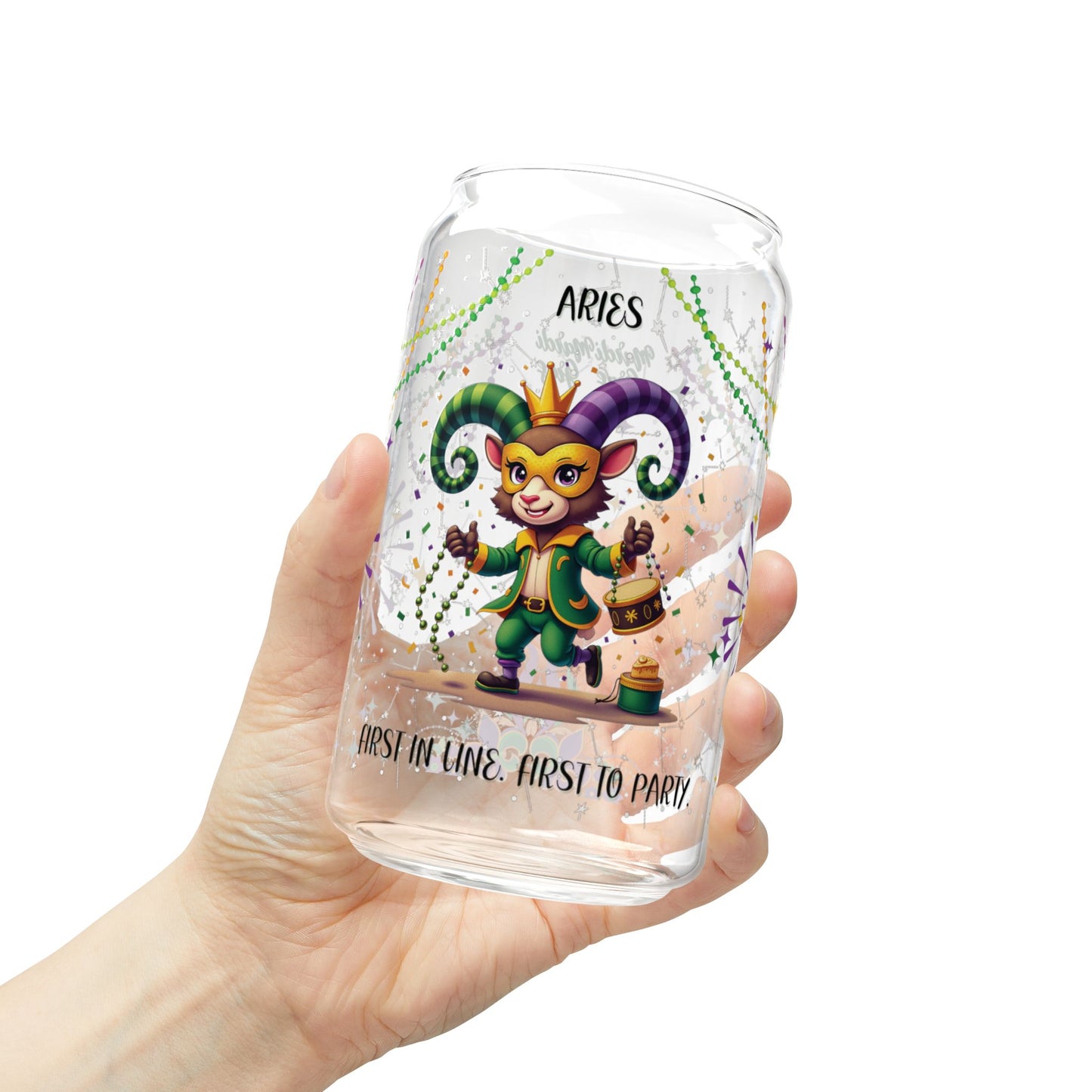 Aries Sipper Glass 16oz – Mardi Gras Design