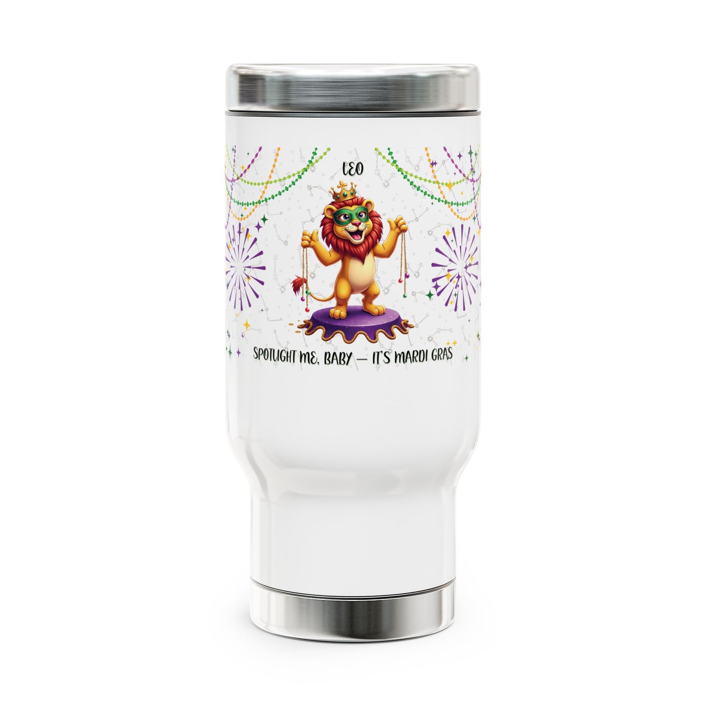 Leo Stainless Steel 14oz Travel Mug - Mardi Gras Design
