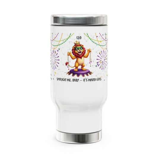 Leo Stainless Steel 14oz Travel Mug - Mardi Gras Design