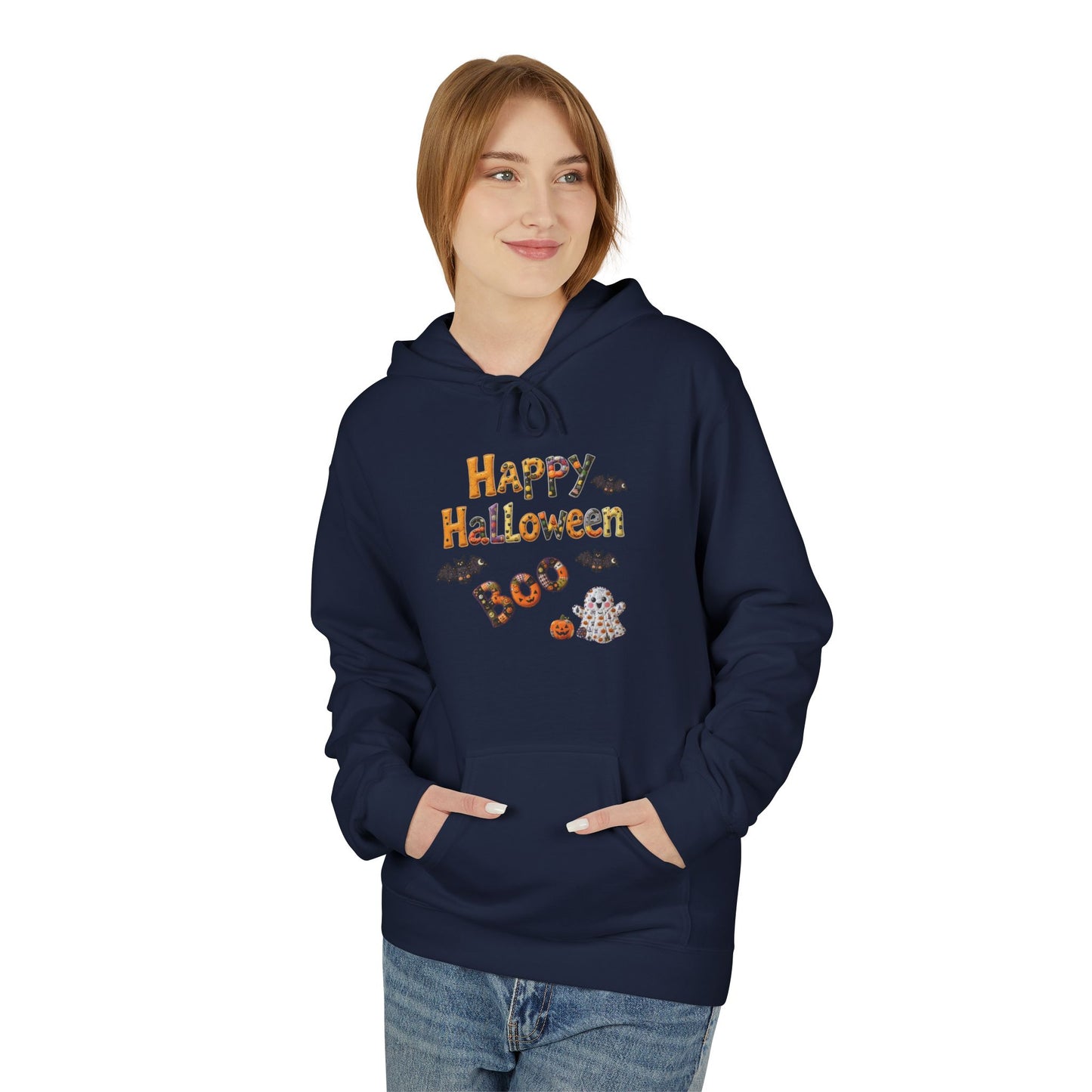 Halloween Boo Patchwork Fleece Hoodie, Unisex Sweatshirt