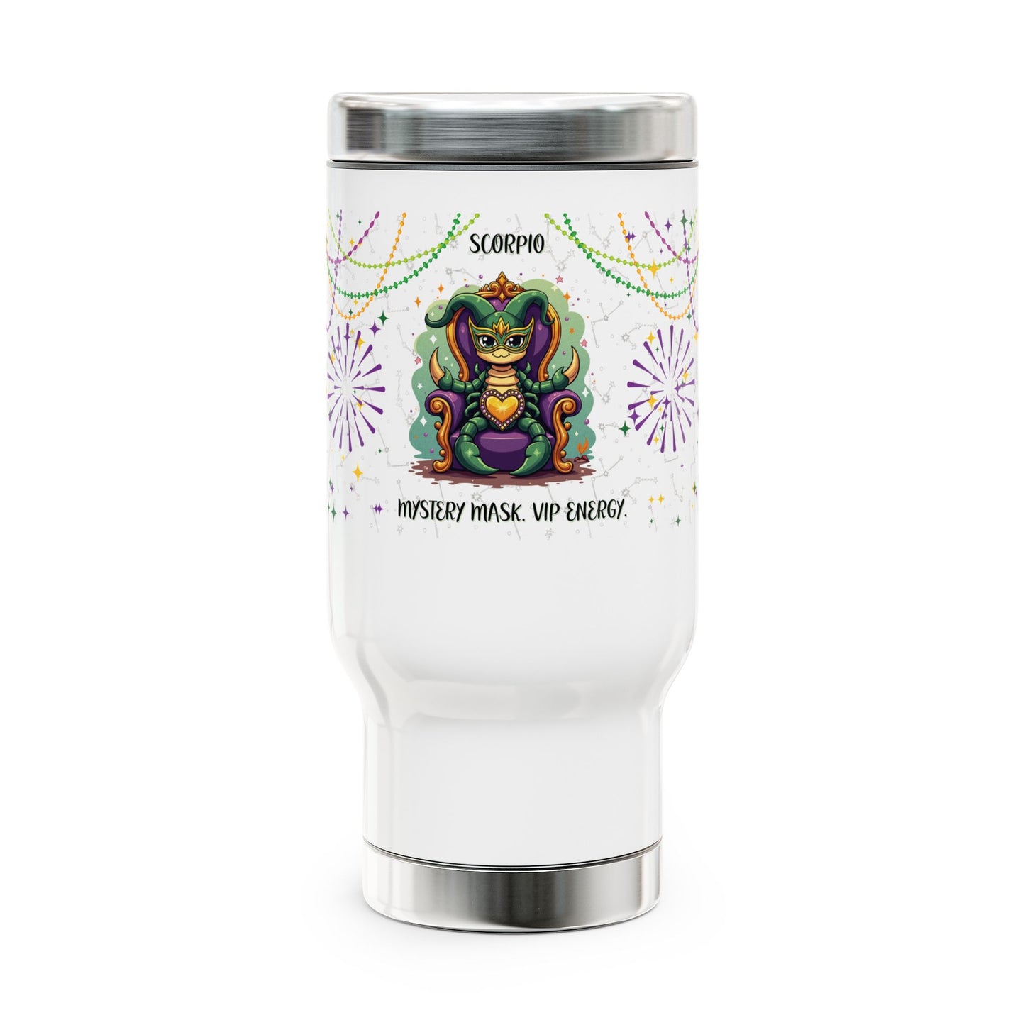 Scorpio Stainless Steel 14oz Travel Mug - Mardi Gras Design
