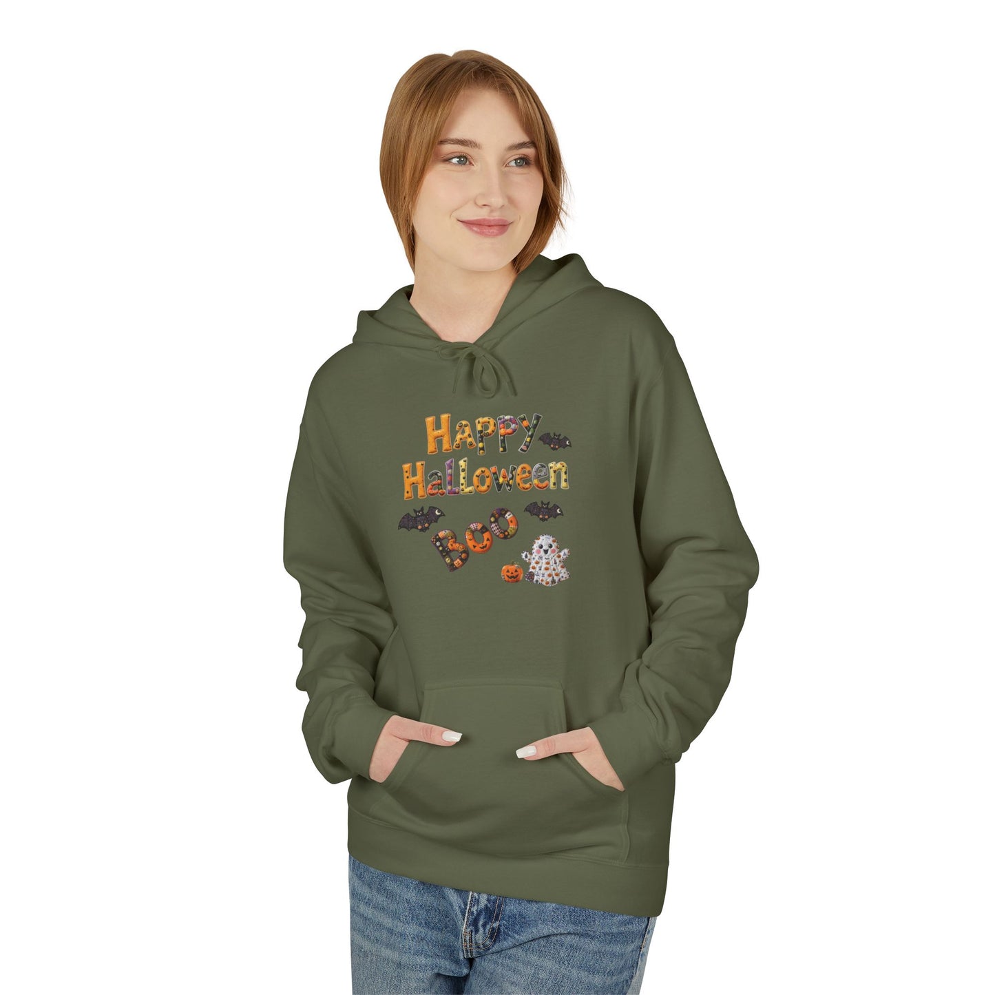 Halloween Boo Patchwork Fleece Hoodie, Unisex Sweatshirt