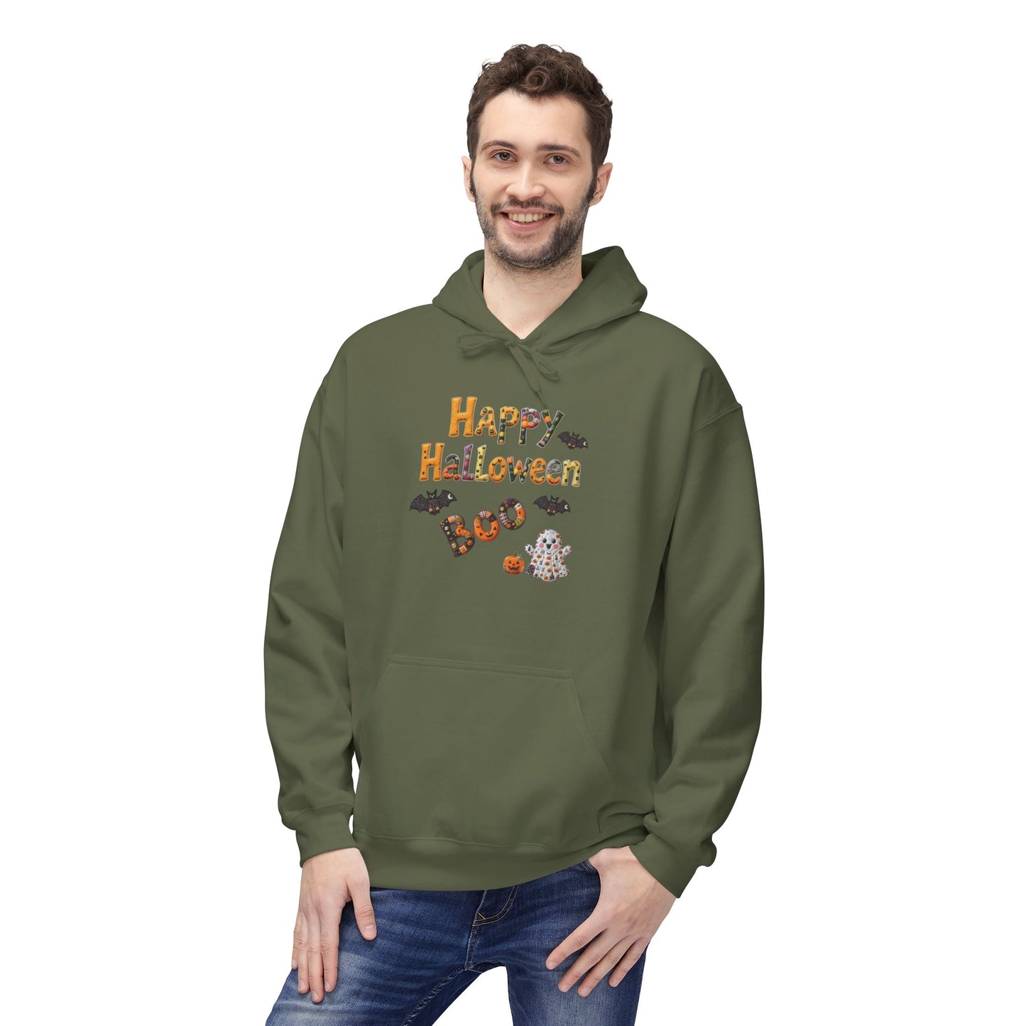 Halloween Boo Patchwork Fleece Hoodie, Unisex Sweatshirt