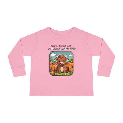 Taurus Halloween Long Sleeve Tee - Taurus Fashion for Kids, Spooky Season Outfit, Boo-tiful Gift, Trick or Treat Shirt, Zodiac Gift