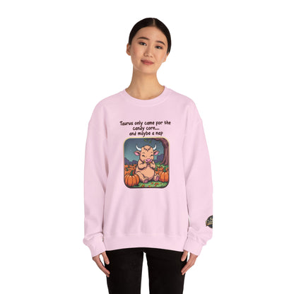Taurus Halloween Inspired Ladies Crewneck Sweatshirt, Cozy Astrology Gift, Halloween Apparel, Zodiac Inspired Clothing