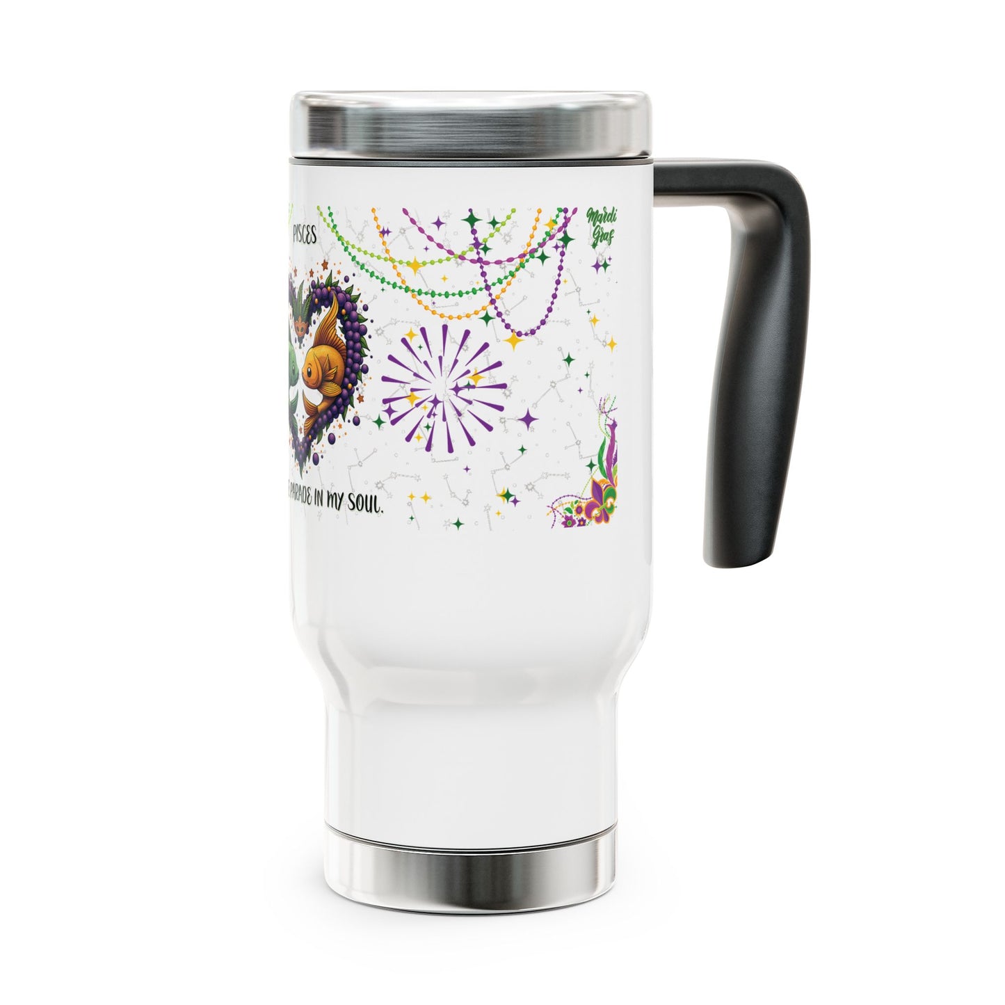 Pisces Stainless Steel 14oz Travel Mug - Mardi Gras Design