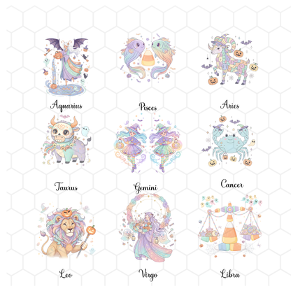 Zodiac Halloween Pastel Colored Clipart Bundle | 12 PNGs | Cute Zodiac Signs | Halloween Art for Crafts & Sublimation | Digital Download