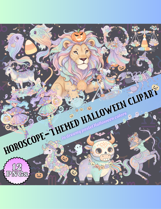 Zodiac Halloween Pastel Colored Clipart Bundle | 12 PNGs | Cute Zodiac Signs | Halloween Art for Crafts & Sublimation | Digital Download