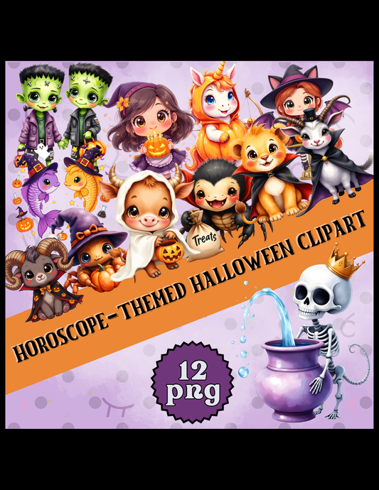 Zodiac Halloween Clipart Bundle | 12 Horoscope PNGs | Cute Zodiac Signs Digital Download | Astrology Halloween Art for Crafts & Sublimation