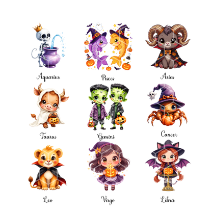 Zodiac Halloween Clipart Bundle | 12 Horoscope PNGs | Cute Zodiac Signs Digital Download | Astrology Halloween Art for Crafts & Sublimation
